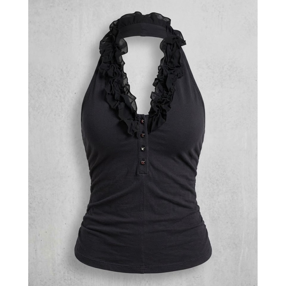 Bebe Y2K Cotton Black Ruffle Halter Top Ruched Sz M VTG Whimsigoth Dark Coquette